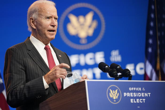 President-elect Joe Biden, accompanied by Vice President-elect Kamala Harris, speaks at The Queen theater, Thursday, in Wilmington, Del.