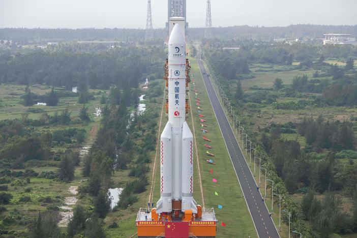 The rocket, pictured on Nov. 17, will launch China's Chang'e-5 lunar probe on Tuesday. Here it is being transported to the launching area at the Wenchang Spacecraft Launch Site in southern China's Hainan province.