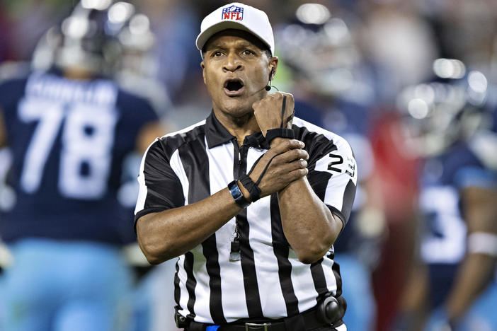 Referee Jerome Boger makes a holding call penalty during a game between the Tennessee Titans and the New York Jets in Nashville, Tenn., on Dec. 2018. Boger lead an all-Black officiating crew during Monday Night Football on Nov. 23.