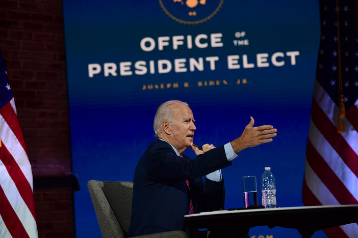 President-elect Joe Biden speaks Monday in Wilmington, Del., during a virtual meeting with the U.S. Conference of Mayors.