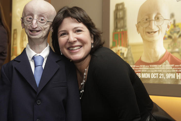 Sam Berns and Audrey Gordon, executive director of The Progeria Research Foundation and Berns's aunt, attend The New York Premiere Of HBO's "Life According To Sam" on October 8, 2013 in New York City.
