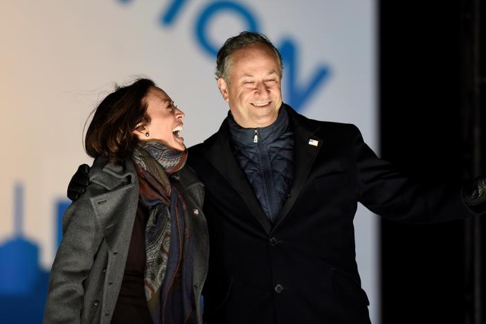 Doug Emhoff joins his wife, Kamala Harris, for a get-out-the-vote rally Nov. 2 in Philadelphia. With Harris set to become vice president, Emhoff has said he will give up his career, for now, to serve as second gentleman.