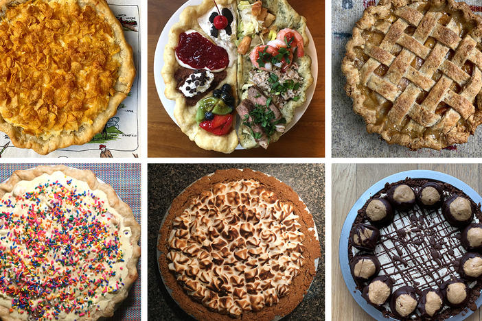 Stacey Mei Yan Fong has been baking her way across the United States: Clockwise from upper left, a baked Alaska pie, Utah's funeral potato pie, Nevada's all you can eat buffet pie, South Carolina's peach pie, Ohio's buckeye pie, Iowa's s'mores pie, Missouri's frozen custard pie, and Minnesota's corn dog casserole pie.