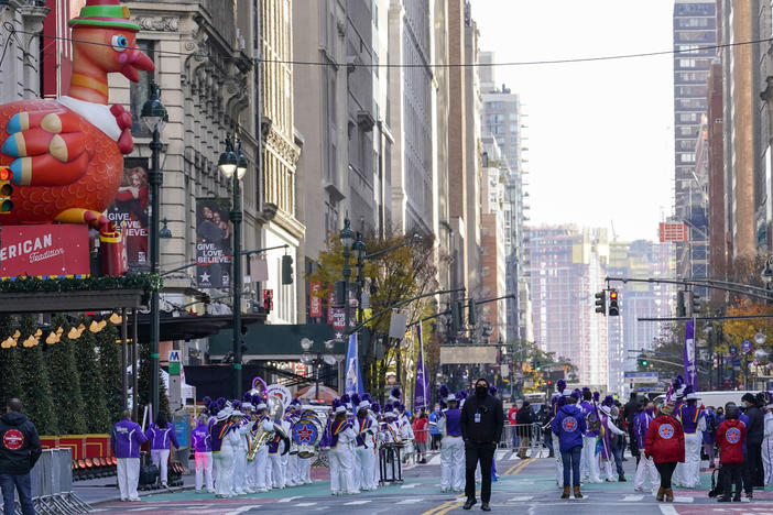 Performers dance along 34th Street during a pre-taping of the Macy's Thanksgiving Day Parade in front of the flagship store in New York City on Nov. 25.