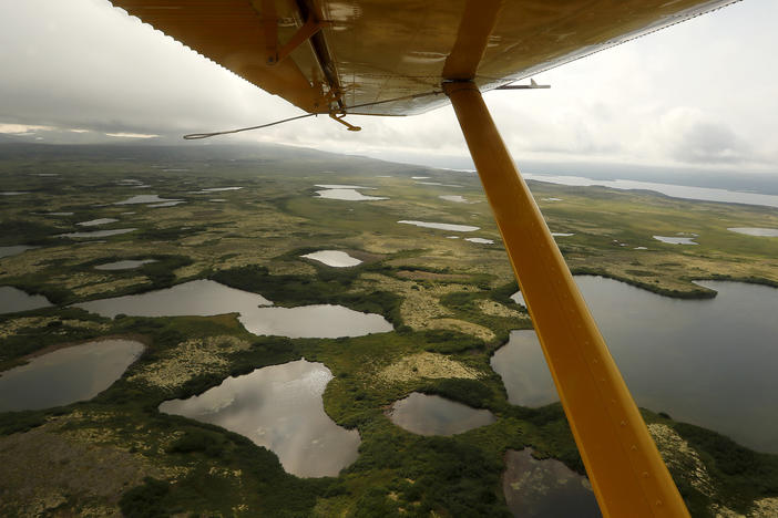 The view beneath the wing of a float plane as it flies over the wetlands, streams and lakes of Bristol Bay, Alaska.