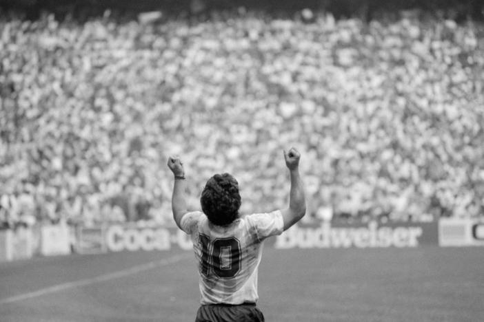 Diego Maradona celebrating Argentina victory of World Cup at Azteca stadium, Mexico City, World Cup 1986.