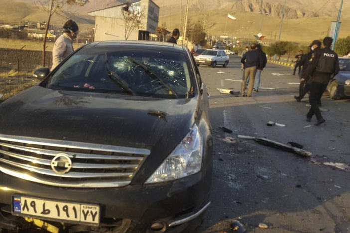 This photo released by the semiofficial Fars News Agency shows the scene where Mohsen Fakhrizadeh was reportedly killed in Absard, a small city just east of Tehran, Iran, on Friday. Fakhrizadeh, an Iranian scientist that Israel alleged led the Islamic Republic's military nuclear program until its disbanding in the early 2000s, was "assassinated" Friday, state TV said.