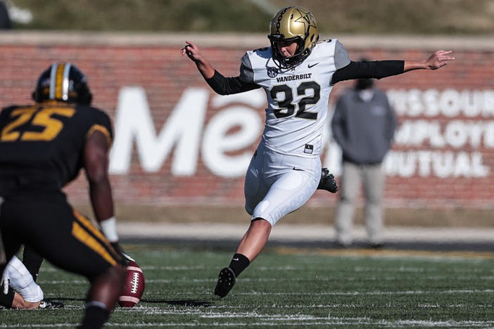 Sarah Fuller of the Vanderbilt Commodores kicks off Saturday in the second half against the University of Missouri Tigers at Memorial Stadium in Columbia, Mo.