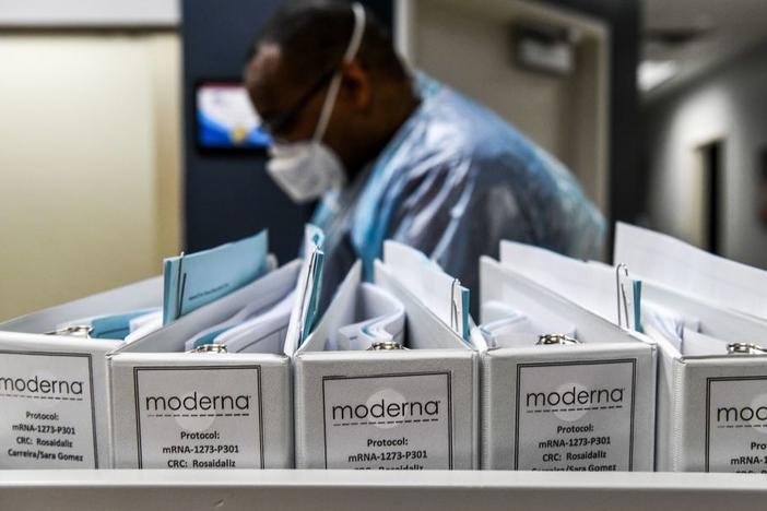 Moderna protocol files for COVID-19 vaccinations are kept at the Research Centers of America in Hollywood, Fla. The biotech company has new data reinforcing that its COVID-19 inoculation is safe and effective.