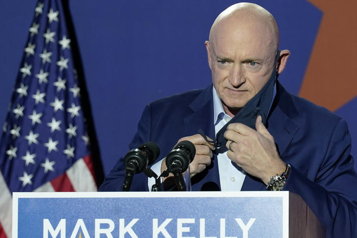 Sen.-elect Mark Kelly prepares to speak at an election night event in Tucson, Ariz. Kelly is set to be sworn in on Wednesday.