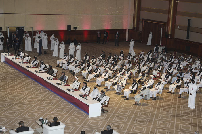 The Taliban delegation attends the opening session of the peace talks between the Afghan government and the Taliban in Doha, Qatar, on Sept. 12.