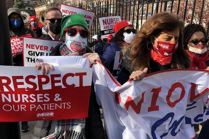 Nurses at Montefiore Medical Center in New York City protest what they say is a staff shortage at several of the network's hospitals in the Bronx and nearby suburbs. During the Nov. 19 demonstration they walked from the hospital to a nearby cemetery.