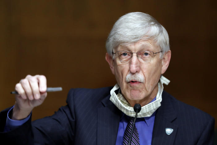 National Institutes of Health Director Dr. Francis Collins speaks during a Senate hearing earlier this year. On Thursday, Collins called on religious leaders to keep their worship spaces closed, despite rising protests from some church leaders.