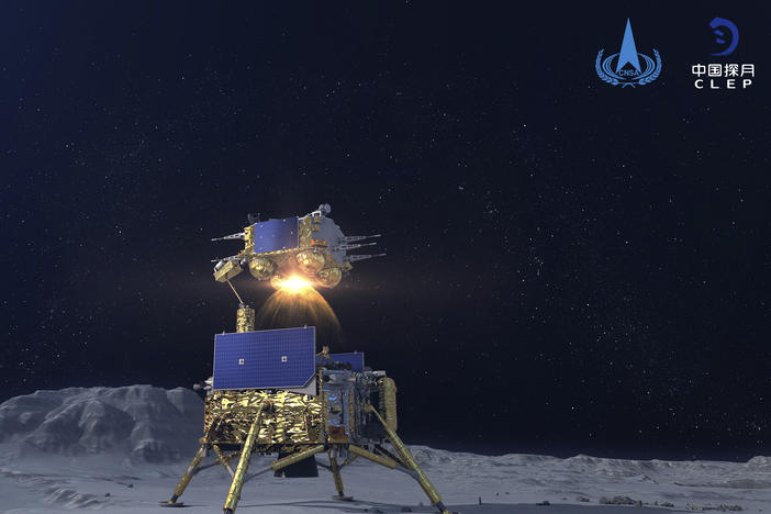 A simulated image of the  Chang'e-5 spacecraft blasting off from the moon. The Chinese National Space Administration placed China's first real flag on the lunar surface Thursday.