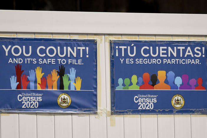 Signs promoting the 2020 census hang on a fence in Reading, Pa., in September. The Census Bureau has found irregularities in this year's census responses that could affect the counting of millions of people.