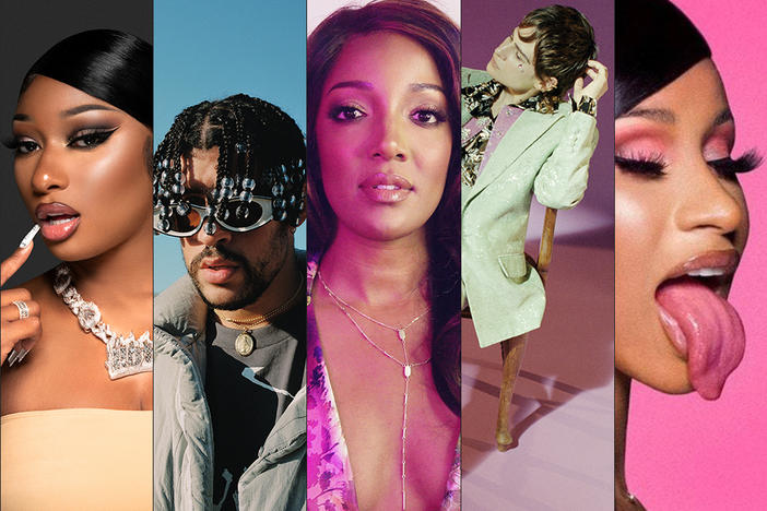 From left to right: Megan Thee Stallion, Bad Bunny, Mickey Guyton, Christine and the Queens, Cardi B.