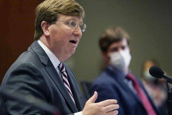 Mississippi Gov. Tate Reeves explains his rationale for not ordering a statewide mask mandate on Nov. 24 in Jackson, Miss. Health officials are encouraging a statewide mandate.