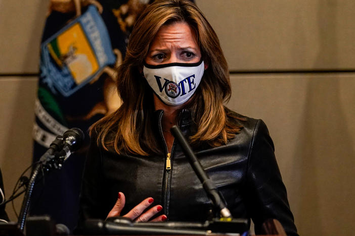 Michigan Secretary of State Jocelyn Benson says protesters were trying to intimidate her by visiting her home Saturday night. She's seen here discussing the elections during a news conference Nov. 3.