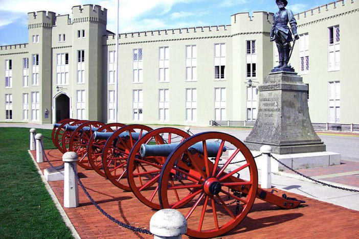 The statue of Confederate Gen. Thomas "Stonewall" Jackson in front of the barracks at Virginia Military Institute in an archival photo. VMI began removing the statue Monday.