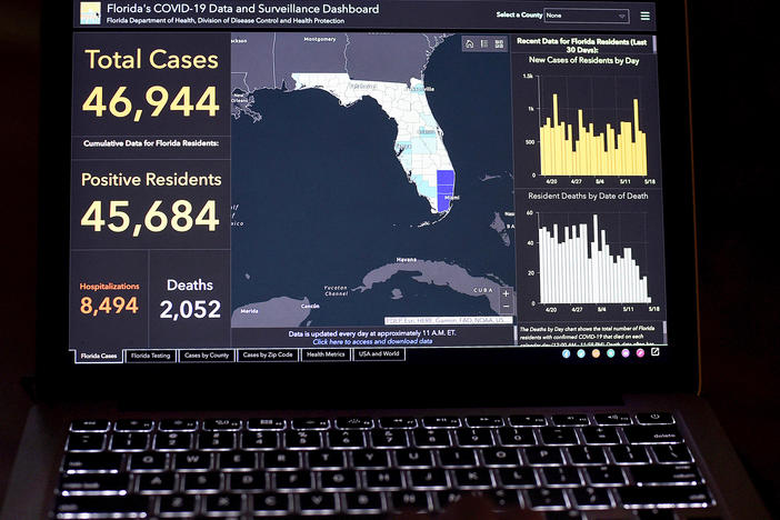 An image from May shows Florida's COVID-19 dashboard. State law enforcement agents on Monday executed a search warrant at the home of Rebekah Jones, a former state data scientist who helped build this dashboard and was fired.