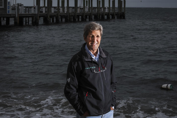 Former Secretary of State, John Kerry poses on Martha's Vineyard in Vineyard Haven, Mass., on Sept. 18, 2020.