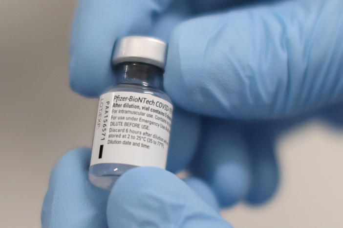 A vial of the COVID-19 vaccine developed by Pfizer and BioNTech that was used at the Royal Victoria Hospital in Belfast, U.K., on Tuesday.