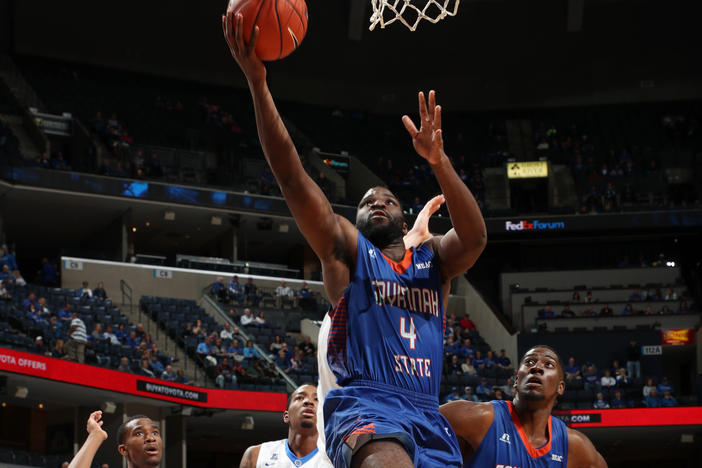 Troyce Manassa #4 of the Savannah State Tigers shoots a layup against the Memphis Tigers at FedExForum in Memphis in 2016.