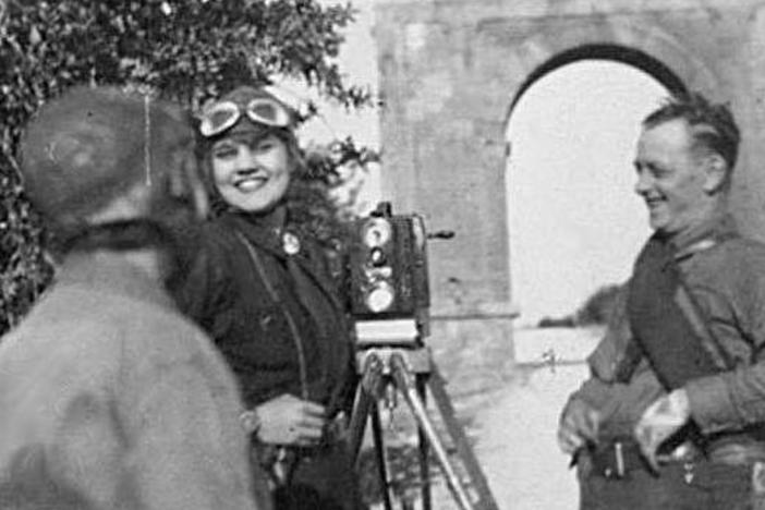 Adventurer and filmmaker Aloha Wanderwell working on her 1929 film "With Car and Camera Around the World," which joined the National Film Registry this year.
