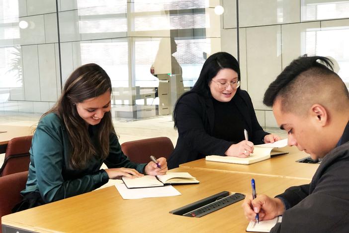LEAP fellows Astrid Saenz, Fatima Salcido, and Victor Briseno participating in a law school application workshop.