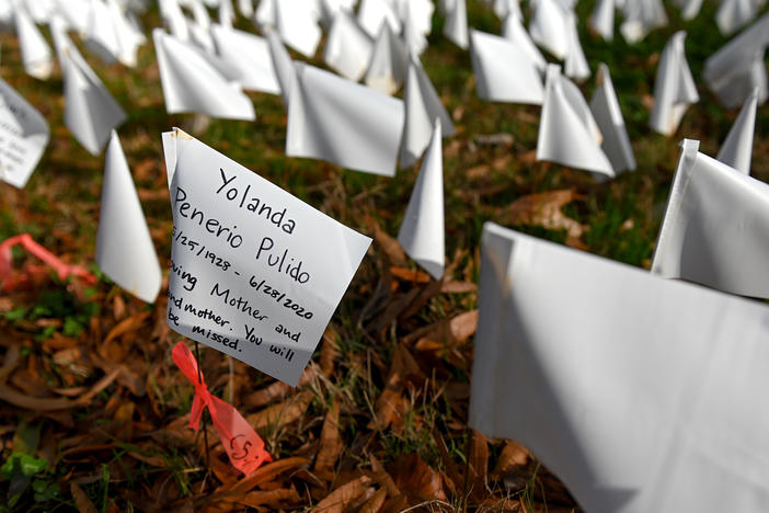 White flags planted by volunteers visualize lives lost in the U.S. to COVID-19 as part of an installation by artist Suzanne Firstenberg in Washington, D.C. The death toll has now reached 300,000.