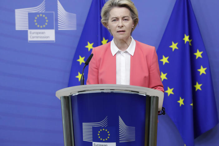 European Commission President Ursula von der Leyen delivers a statement at EU headquarters in Brussels on Sunday. Britain and the European Union say talks will continue on a free trade agreement — a deal that, if sealed, would avert New Year's chaos for cross-border traders and bring a measure of certainty for businesses after years of Brexit turmoil.