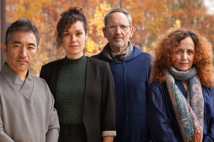 Composer Osvaldo Golijov (second from right) and three of his colleagues on <em>Falling Out of Time</em>: vocalists Wu Tong, Nora Fischer and Biella da Costa.