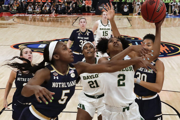 NCAA announced plans are underway to play the entire women's Division I basketball tournament in one location, San Antonio. The Baylor-Notre Dame title game in Tampa, Fla., last year is pictured.