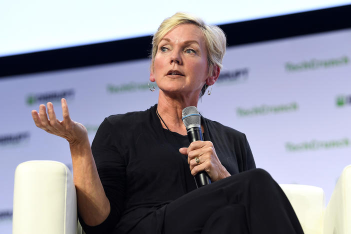 Former Michigan Gov. Jennifer Granholm speaks during a TechCrunch Disrupt conference in San Francisco in 2019.