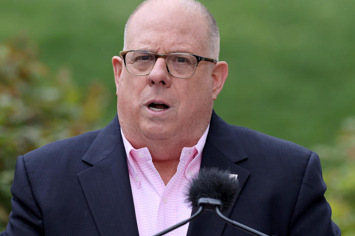 Maryland Gov. Larry Hogan is co-chair of the bipartisan group No Labels. Hogan is seen above talking to reporters during a news briefing about the coronavirus pandemic in Annapolis, Md., in April.