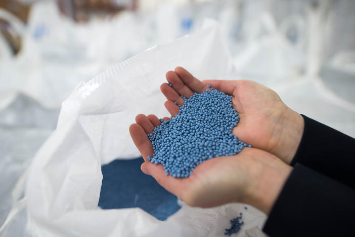 Recycled plastic pellets are displayed at a facility in Ontario.