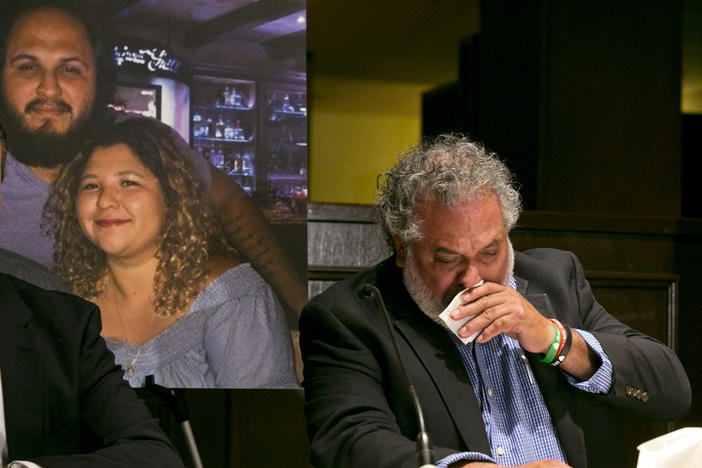 Albert Corado (right), the father of Melyda Corado, seen in a portrait with her brother Albert Corado Jr. His daughter, assistant manager of a Trader Joe's in Los Angeles, was killed by a police bullet when an armed suspect fled into the store in July 2018.