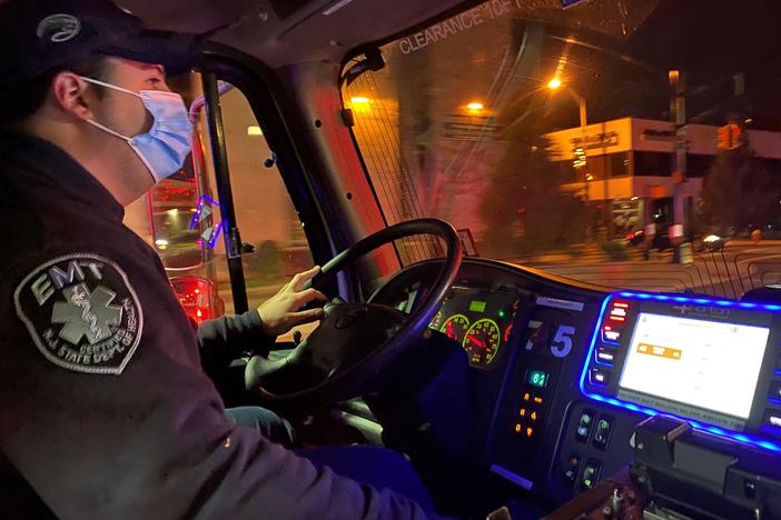 Teaneck Volunteer Ambulance Corps Chief Jacob Finklestein responding to calls on Dec. 10 in New Jersey. He said the ambulance crew has not seen a dramatic increase in 911 calls even as cases surge across the state and hospitalizations double in the last month.