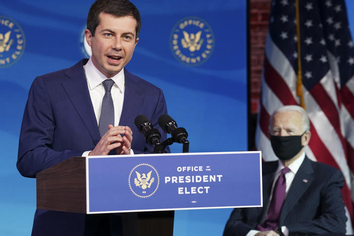 Pete Buttigieg, a former mayor of South Bend, Ind., delivers remarks Wednesday in Wilmington, Del., after he was introduced as President-elect Joe Biden's pick to be secretary of transportation.