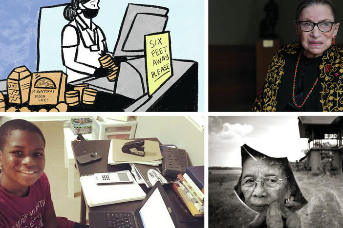 Clockwise from top left: A scene from a comic about grocery store workers during the pandemic; a 2019 portrait of Supreme Court Justice Ruth Bader Ginsburg; Pilar Quilantang Galang was raped by members of the Japanese Imperial Army in 1944; Caleb Anderson, 12, attends virtual calculus class at Chattahoochee Technical College in Marietta, Ga., where he is a sophomore.