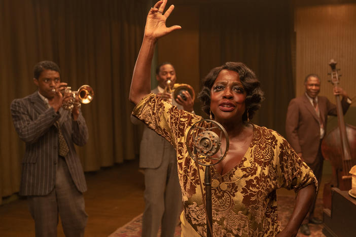 Chadwick Boseman as Levee, Colman Domingo as Cutler, Viola Davis as Ma Rainey, Michael Potts as Slow Drag, and Glynn Turman as Toledeo in <em>Ma Rainey's Black Bottom.</em>