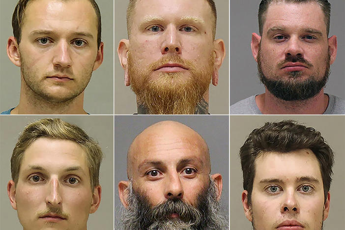 A federal grand jury has charged six men with conspiring to kidnap Michigan Gov. Gretchen Whitmer. The suspects are (from top left) Kaleb Franks, Brandon Caserta and Adam Fox, and (from bottom left) Daniel Harris, Barry Croft and Ty Garbin.