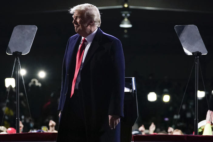 President Trump speaks at a campaign rally for Republican candidates Sen. Kelly Loeffler and Sen. David Perdue on Dec. 5 in Valdosta, Ga. Their runoff elections on Jan. 5 will determine U.S. Senate control.