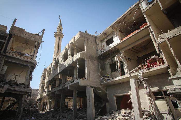 A view of a mosque destroyed by regime forces in Douma, Syria, on March 21, 2018. Douma, on the outskirts of Damascus, was targeted by an air strike carried out by Syrian government forces.