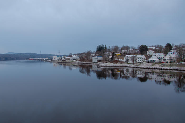 In Bucksport, Maine, the smokestack of a closed mill can be seen in this waterfront view along the Penobscot River.
