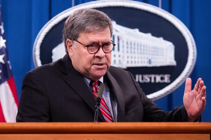 Attorney General William Barr holds a news conference on Monday.