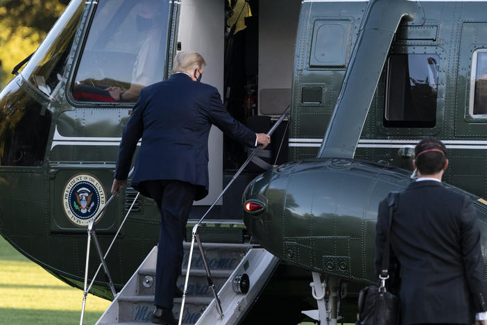 President Trump boards Marine One for a trip from the White House to Walter Reed National Military Medical Center for COVID-19 treatment in early October. Trump received Regeneron's antibody cocktail during his illness.