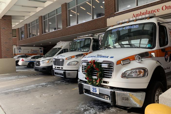 Ambulances fill the loading area at Vanderbilt University Medical Center in Nashville, Tennessee. The hospital has tried to adjust to the surge of new infections by dedicating three floors for treatment of COVID-19 patients, and creating two COVID-only intensive care units for the most seriously ill. Still, the hospital has had to deny patient-transfer requests from smaller hospitals.