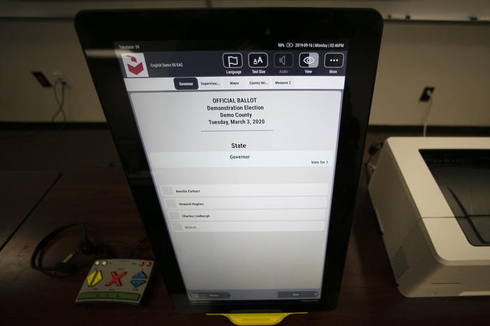 A sample ballot is shown via the Dominion Voting Systems that Georgians use to vote.