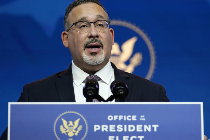 Miguel Cardona, President-elect Joe Biden's intended nominee for education secretary, speaks Wednesday in Wilmington, Del.
